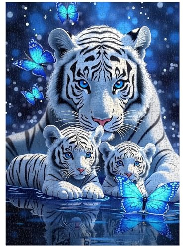 White Tiger Puzzles for Adults 1000 Pieces, Blue Butterfly Nature Jigsaw Puzzle, Challenging Wildlife Animal Art Puzzle, Beautiful Tiger Family Puzzle for Home Wall Decor