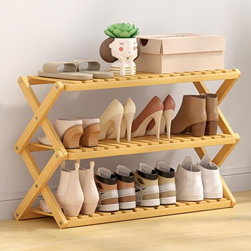 Schuhregal aus Bambus mit 4 Ebenen, tragbar, zusammenklappbar, ohne Installation, ideal als Schuhregal, Regal für Deko, im Badezimmer & als Küchenregal