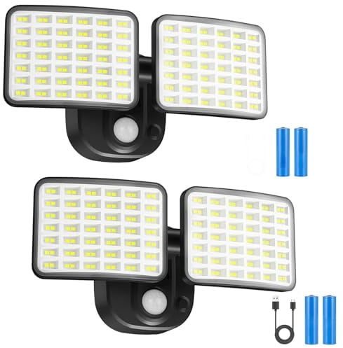 YTKIH Wiederaufladbare Außenlampe mit Bewegungsmelder, Batteriebetriebene Akku Lampe (1–3 Monate Laufzeit),LED Strahler mit Bewegungsmelder außen, USB aufladbar für Garage,Garten,Hof,Haustür 2 Stück