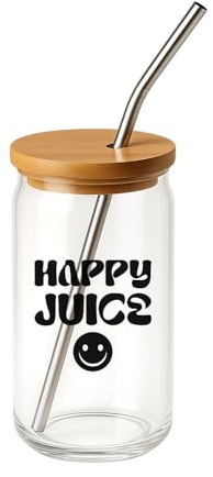 LIEBTASTISCH Happy Juice Glas mit Deckel & Strohhalm – Trinkglas mit Smiley Gravur, Reinigungsbürste, Geschenkidee für Frauen, Freundin, Geburtstag & Weihnachten