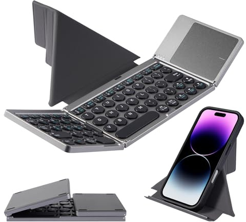 Nsyee KF86 Tastiera Bluetooth pieghevole con touchpad | Connessione a tre dispositivi (iOS/Android/Windows/Mac) | Include supporto magnetico | Tastiera portatile da viaggio wireless 3 in 1 | Mini