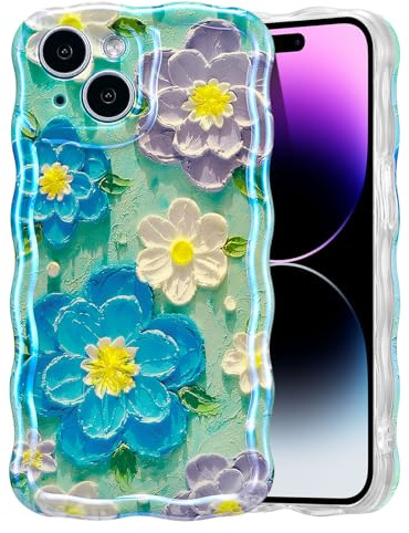 EYZUTAK Case for iPhone 13, Colorful Retro Oil Painting Flower, Blue Purple | Laser Glossy Floral Pattern, Cute Curly Wave Edge, Exquisite Phone Cover, Stylish Durable TPU Protective Case for Girl Women