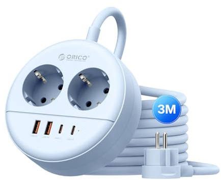 ORICO Runde 2-Fach Mehrfachsteckdose mit USB C 20W, Wandmontage, Blau | 1,5m/3m Verlängerungskabel, 2 Steckdose, 2 USB-A, 2 USB-C, 2500W Steckdosenleiste für Büro Zuhause, OSP