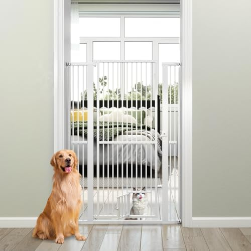 Maxmass Extra Tall Pet Gate, Metal Dog Safety Gates with Lockable Small Door, 2 Extension Kits, 77-104cm Extra Wide Cat Gate Pressure Mounted Pet Fence Dog Barrier for Doorway Stair (150cm Tall)