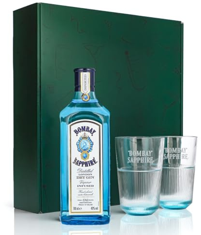 Sipply Geschenkset 3-teilig mit 2 Gläser und 1 Flasche Bombay Sapphire Gin 0,7l 40% Vol. | mit Geschenkverpackung: Grün | Geschenk für Frauen Männer Mama Papa Freundin zu Weihnachten Ostern