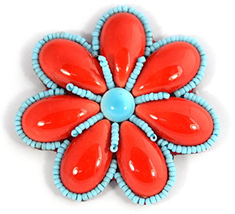 Broche Fleur Turquoise et Rouge en Porcelaine et Perles de Verre - Bijou Fantaisie