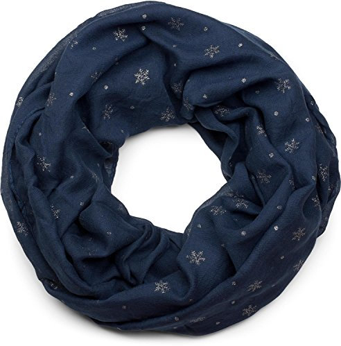 styleBREAKER Damen Loop Schal mit Glitzer Schneeflocken Print, Weicher Schlauchschal Einfarbig, Tuch 01017064, Farbe:Dunkelblau