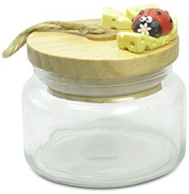 Formaggera Coccinella Lia, Barattolo in Vetro 400 ml con Tappo e Cucchiaino in Legno, 10x10x11 cm