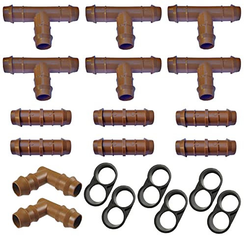 Habitech, kit di raccordi per irrigazione per tubi da 1,27 cm, set da 20 pezzi – 6 tee, 6 raccordi, 2 gomiti, 6 tappi terminali – connettori spinati per Rain Bird e sistemi di irrigazione compatibili