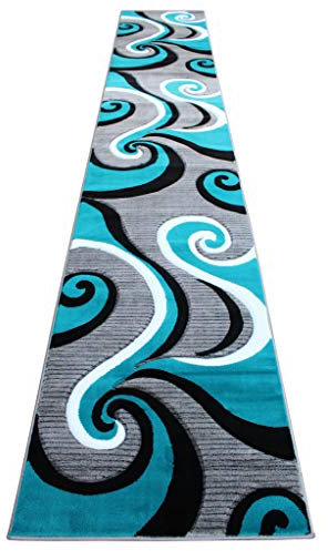 Masada Rugs Sophia Collection Langläufer, handgeschnitzt, modern, zeitgenössisch, Türkis, Grau, Weiß, Schwarz, 60 x 45 cm, Läufer