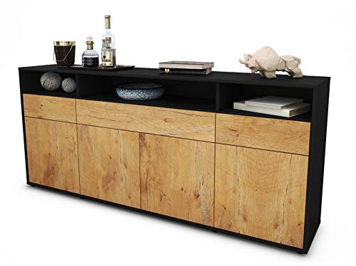 Stil.Zeit Sideboard Ezia, Korpus anthrazit matt, Front Holz-Design Eiche (180x79x35cm) Push-to-Open Technik & Leichtlaufschienen