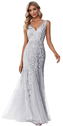 Ever-Pretty Damen Abendkleid Meerjungfrau Pailletten Tüll V Ausschnitt lang Silber 36