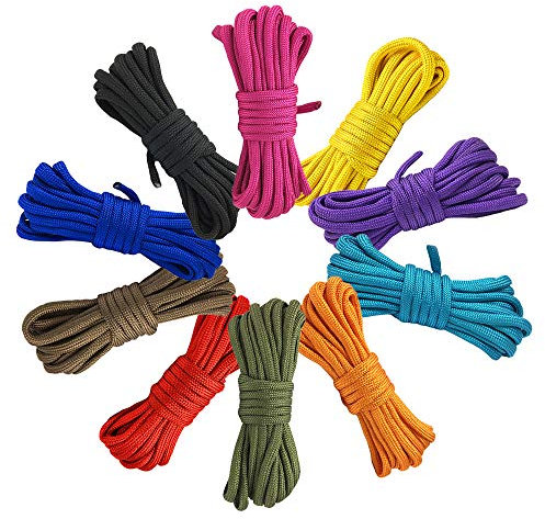 Akwind Paracord Bracelet Rope, Multifunction Parachute Cords Outdoor Survival Rope Tent Climbing Rope Hand Woven for Lanyards, Key chain, Carabiner (Colorful x 10 pcs)