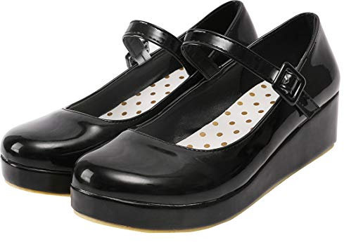 Etebella Damen Mary Jane Keilabsatz Pumps mit Riemchen und Plateau Rockabilly Lack Schuhe (Schwarz, 41)