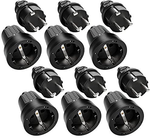 greate 6x Schuko Stecker Kupplung 230V Aussenbereich - Gummistecker Kupplung Set mit Knickschutz, 2-polig, 230V, 16A & 3,7kW - IP44 Stecker und Kupplung 230V schwarz für Außenbereich - Schukostecker