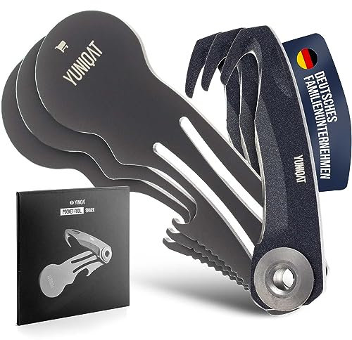 Yuniqat Pocket Tool SHARK 3x Multifunktionstool mit Schlüsselring, Einkaufswagenlöser, Flaschenöffner, Paketmesser, aus robustem Edelstahl, Schlüsselanhänger, Geschenkidee für Damen + Herren