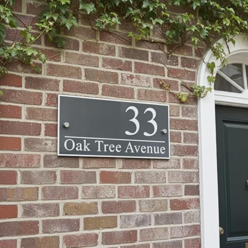 Modern Personalised Aluminium House Sign – Black, White, Gold or Silver | Metal house plaque with stainless steel stand-off or hidden floating fixings. Cream and pink options.