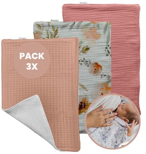 MIMUSELINA - Pack 3 Paños Bebe de Lactancia - Doble Capa: Pañito de Tela de Algodón de Rizo 100% para Seca Babas y Suave Muselina Bebe Algodon - 3 Muselinas Pequeñas 21x30 cm (Bella)
