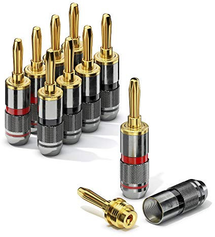 conecto High-End Bananenstecker, Lautsprecherkabel mit einem maximalen Durchmesser von 6mm², 8 Stück mit umlaufendem Farbring, rot/schwarz, vergoldete Stecker, schwarz