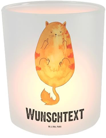 Mr. & Mrs. Panda Personalisiertes Windlicht Katze Mittelfinger - Personalisierte Geschenke, Windlicht mit Namen, Kater, Katzenprodukte,