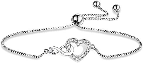 ASH'S CHOICE Silver Bracelets for Women, Adjustable Heart Bracelet, Infinity Love, Friendship Ladies with Cubic Zirconia Jewellery Gifs Mothers Day, 11 inch