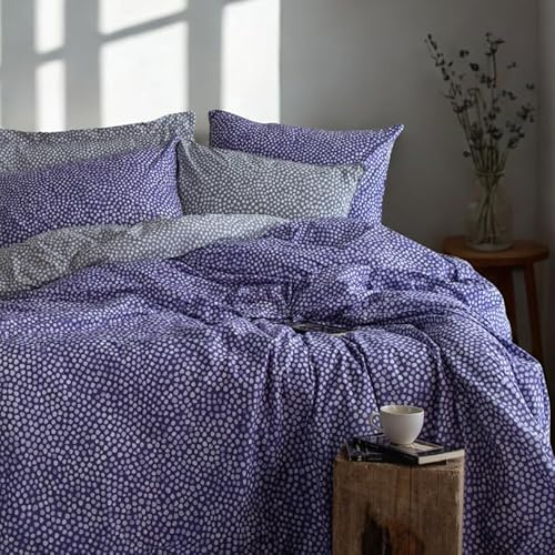 Housse De Couette 200x200 Coton Ado Adulte Parure De Lit Pois Gris Violet | Parure de lit 2 personnes en coton doux, réversible et confortable, pour une chambre adulte ou ado au style cosy.