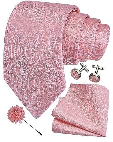 Gusleson Mens Rose Gold Tie Paisley Wedding Solid Silk Necktie Pocket Square Cufflinks and Lapel Pin Brooch Set (UK6103-14)