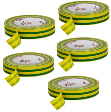 Kabel Isolierband, Elektriker Klebeband, 5er Set, Grün-Gelb, 15 mm x 10 m Rolle PVC