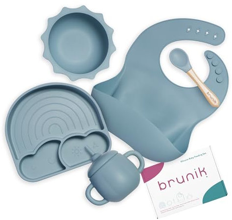 Brunik Vajilla Bebé De Silicona – Incluye Plato Ventosa Con Compartimentos, Cubiertos Infantiles, Cuchara Silicona Bebé Para BLW, Vaso Aprendizaje, Bol Con Ventosa Y Babero Impermeable.