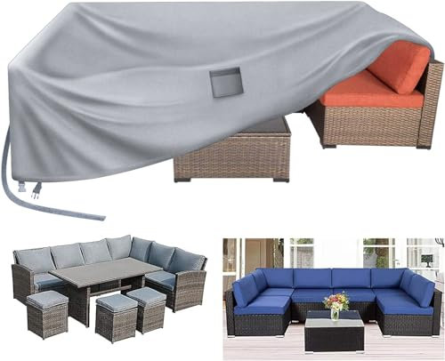 Kovshuiwe Garden Furniture Covers,250x250x90cm Patio Furniture Cover Waterproof,Patio Table Covers 420D Heavy Duty Oxford Fabric Rattan Furniture Cover Windproof Anti-UV for Patio, Outdoor,Gray