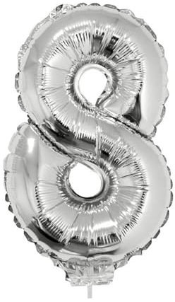 PARTY DISCOUNT NEU Mini-Folienballon am Papierstäbchen, Zahl 8, Silber, ca. 40cm