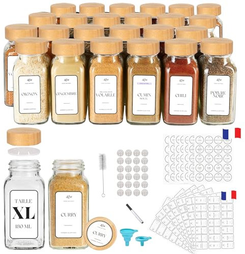 12 Bocaux à épices en verre taille XL soit 180 ml avec couvercle en bambou pour rangement des épices cuisine avec 140 étiquettes ronde et 147 rectangulaire, feutre, entonnoir et brosse de nettoyage