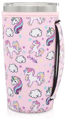 AJLTPA Neoprene Insulated Sleeves Cup Holder with Handle for 20oz Tumbler Cups, Reusable Iced Coffee Sleeve Compatible with Starbucks Trenta, Dunkin Large, more(Pink Unicorn)