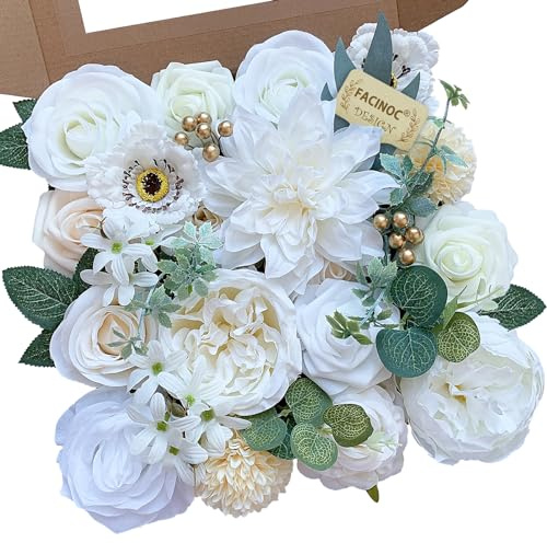 FACINOC Künstliche Rosen, weiße Kunstblumen mit Stiel, Großpackung für DIY-Hochzeitsstrauß, Brautschmuck, Arrangements aus Seiden-Kunstblumen für Babyparty, Tafelaufsatz, Tischdeko, Inneneinrichtung