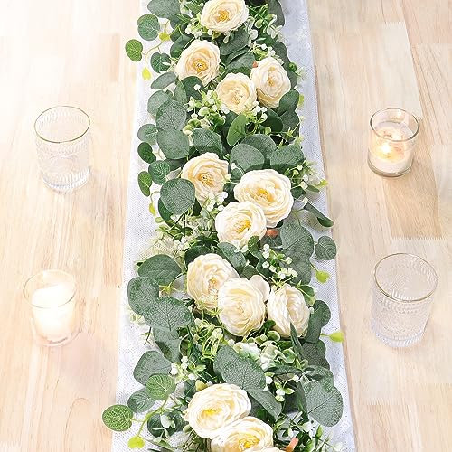Betylifoy Guirlande Artificielle de Roses d'Eucalyptus 2 Pcs Guirlande de Fleurs de Verdure pour Décor de Fête de Table de Toile de Fond de Mariage (Champagne, 2PCS)