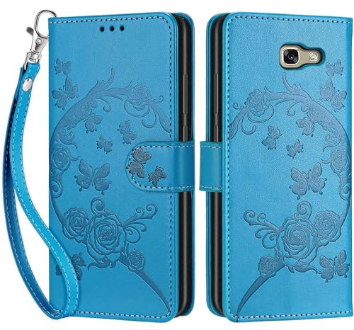 Handyhülle für Samsung Galaxy A5 2017 Hülle Leder Schmetterling Blau | 3 Kartenfächer & 1 Geldfach, Magnetverschluss, Ständerfunktion, robuste premium PU leder klapphülle für Samsung A5 2017