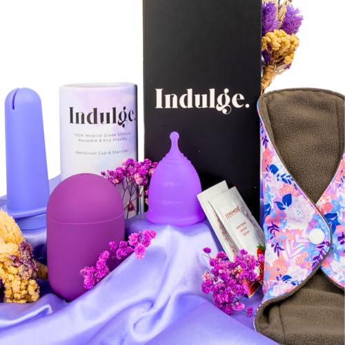 Indulge 5 PCS Reusable Menstrual Cup Set, Silicone Period Cup, Microwave Steriliser, Water Based Lube,Panty Liners,Eco-Friendly Alternative to Tampons & Sanitary Towels, Extra Small, Pack of 1, Purple
