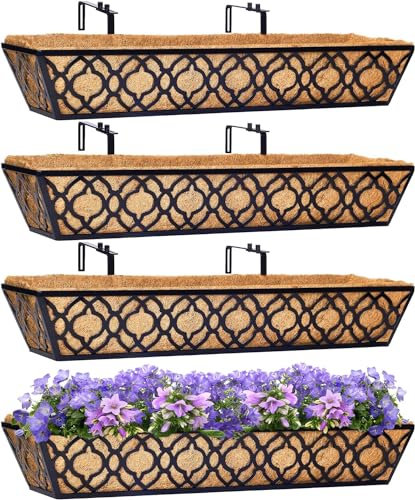 HFHOME 4Pcs 30/76.2cm Large Hanging Flower Baskets with Trough Coco Liner and Adjustable Brackets, Metal Railing Planter Box for Balcony Terrace Fence Garden