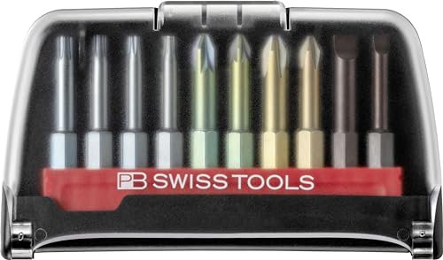 PB Swiss Tools BitCase mit 10 langen Kreuz Schlitz Pozidriv Torx Bits | PB E6.702 BC | 100% Swiss Made | Bit Set mit Gurt-Clip für Standard-Anwendungen in Industrie und Handwerk
