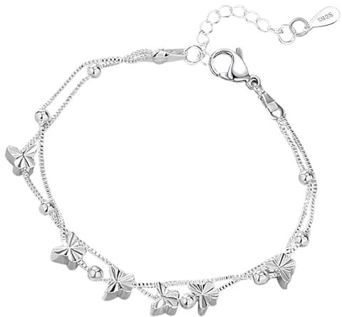 Simsky Armband Silber 925 für Damen Schmetterlinge Armband Rosegold Damen mit Perlen Verstellbare Layered Armband Mädchen Freundschaftsarmbänder Geschenke für Frauen, 17,7 Zoll