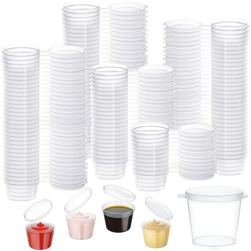 YOUNGSAY 200 Stück Kleine Behälter, 25ml Transparent Dressing Behälter, AuslaufsicherSoßen Behälter, Runden Kleine Plastikdosen mit Deckel, Für Soßen/Dips/Gewürze