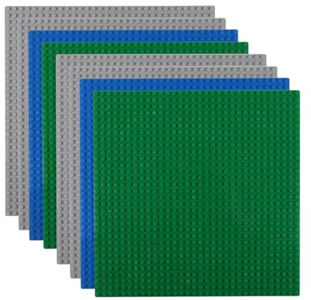 Reenwee 8 Packs Classic Baseplates, 10x10 inch with 32x32 Studs, Building Bricks Baseplate Compatible With Lego, Base Plates 10 x 10 Display Board, Green/Blue/Grey