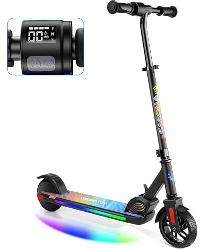 Caroma Elektroroller für Kinder von 8-12 Jahren, 150W Motor, 16 km/h, 60 min Fahrzeit, Einstellbare Geschwindigkeit & Höhe, Bunte Lichter, LED Display, Faltbarer Kinder Elektroscooter, Schwarz