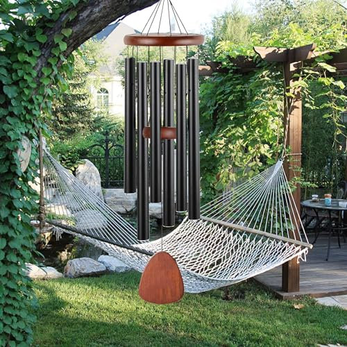 Windspiele, 65cm Aluminium Windspiel 6 Metallröhren Klangspiele für draußen, Garten, Terrasse Dekoration mit Windfänger, klassisch schwarz