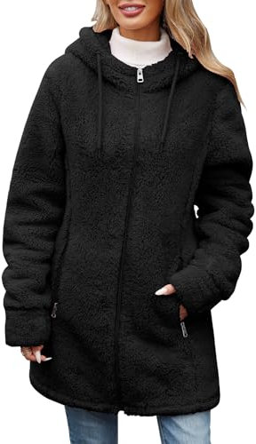 Vancavoo Teddy Mantel Damen Teddyfleece Jacke Sweatjacke Kuscheljacke Winter Warm Fleecejacke Flauschige Winterjacke Plüschmantel Fleecemantel Lang Kapuzenjacke,Schwarz,L