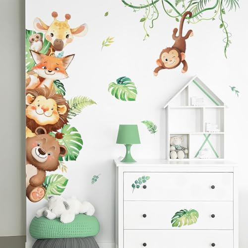 Tanlaby Waldtiere Wandaufkleber Safari Bär Giraffe Löwe Wandsticker Cartoon Tier Wandaufkleber für Kinderzimmer Babyzimmer Schlafzimmer Wohnzimmer Wanddeko