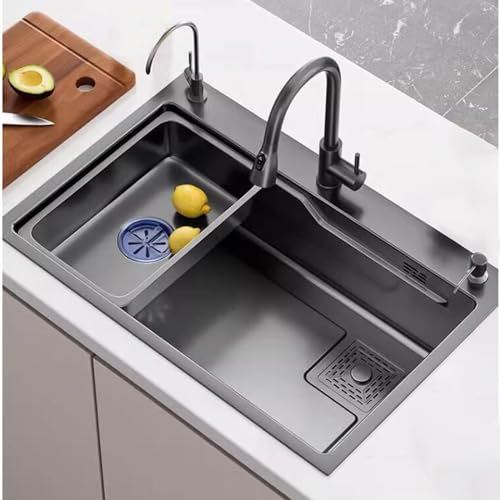 Küche Multi-Size-Edelstahl-Aufsatzwaschbecken Home Kitchen Dekoration Waschbecken Waschen Gemüse- und Obstbecken Handwaschbecken Waschbecken (Farbe: Schwarzer Stahl, Größe: 65 * 45 * 21 cm)