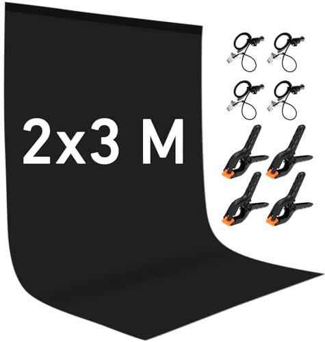 YZNT 2x3m Black Photo Backdrop, 100% Polyester Photo Backdrop Washable with 4 Clamps & 4 Side Clips, Ideal for Live Streaming, Portrait Shooting, Product Photography, and Video