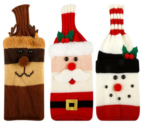 Thyonta 3 Pcs Christmas Wine Bottle Covers Decorative Knit Sleeves Wine Champagne Bottles for Holiday Table Setting Festive Ambiance Craftsmanship for Christmas Decor