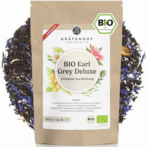 Gräfenhof Earl Grey Tee, mit Assam, Ceylon und Darjeeling | mit Bergamottenstücken & Öl | Blatttee | Koffeinhaltig | 100g loser Tee, 100% BIO
